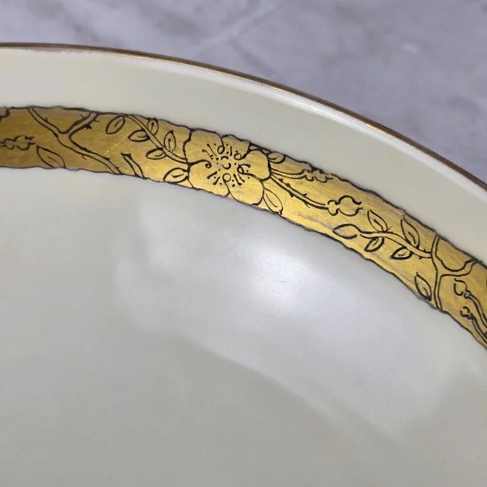Haviland Porcelain Lusterware Serving Bowl Gold Floral Interior Stripe Vintage